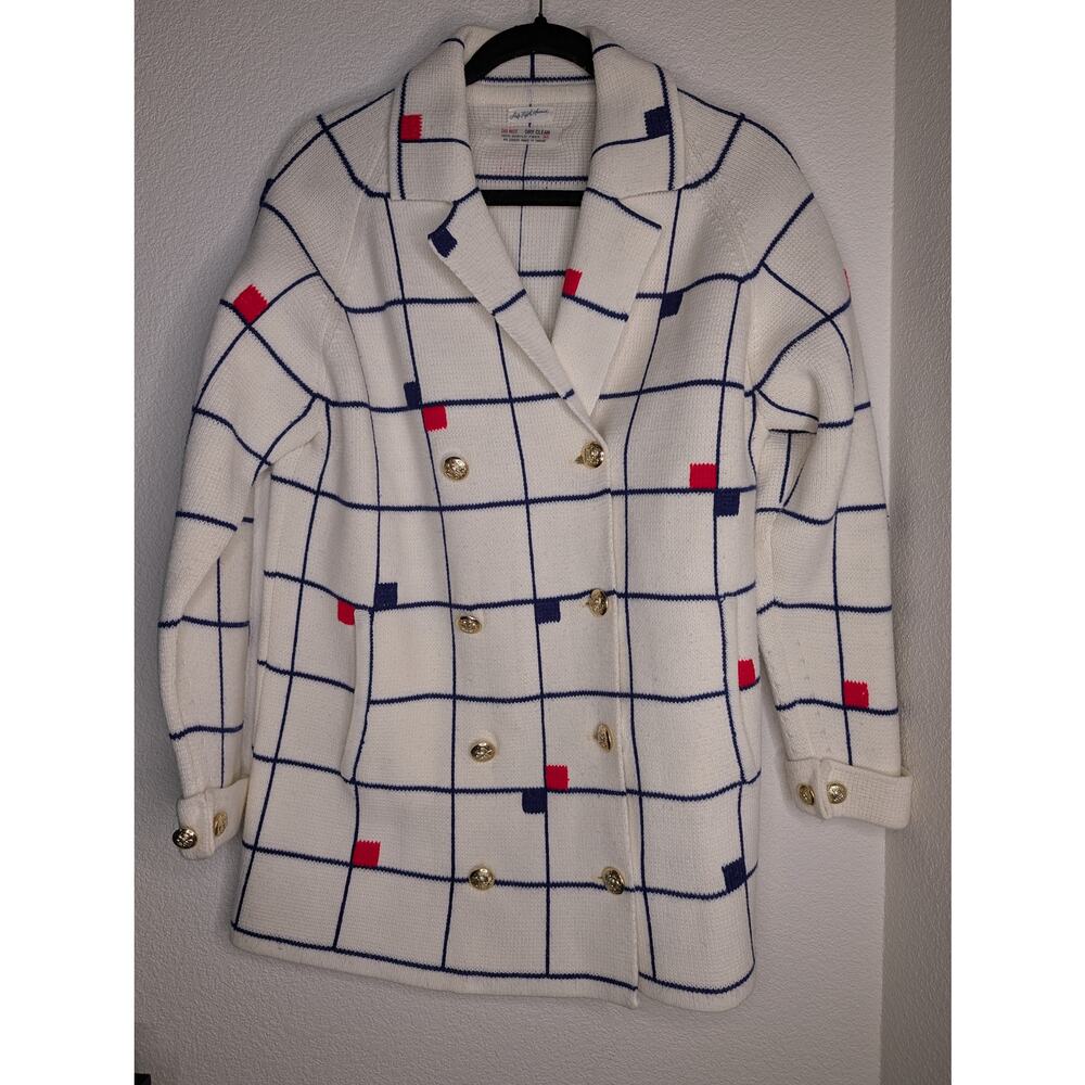 VTG Saks Fifth Avenue Grid Knit Blazer Women's M Preppy Coastal Nautical Chic